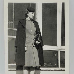 Stylish on the Steps~Vintage Photo~Woman in Hat Coat Holding Purse