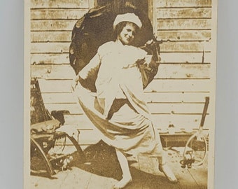 Woman Playful Pose~Deco Era Photo~Holding Parasol and Skirt Dance Step