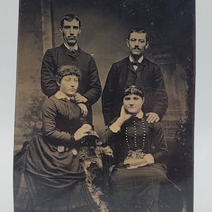 Two Couples~Tintype Photo~Women Seated Men Standing Behind with Hand on Shoulder