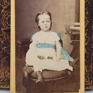 Hand Tinted CDV Photo~Little Girl Blue Sash & Shoulder Accents~Oshkosh WI