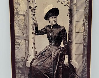 Cabinet Card Photo~Woman Posed on "Window Ledge" Photo Prop~Parasol & Hat