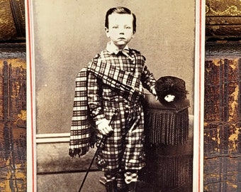 Boy Wearing Tartan Plaid~CDV Photo~Sash and Walking Stick~Carte de Visite~Id'd Name