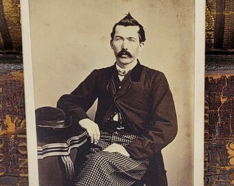 CDV Photo~Man Hair in Peak~Mustache~Checked Pants~Rochester NH~Carte de Visite