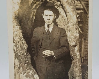 Handsome Guy Posed Inside Tree Trunk~RPPC~Looking Sharp~Holding Cigar~Photo Postcard