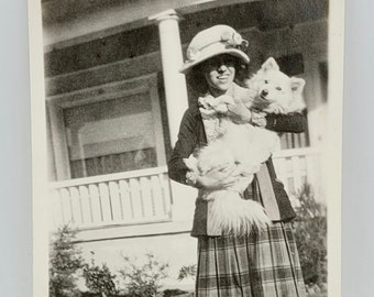 Vintage Photo~Woman Smiling Holding Fluffy White Dog~Plaid Skirt & Hat~Shadow