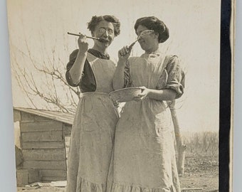 Two Women with Large Spoons & Aprons~RPPC~One Tasting from Bowl~Funny Note on Back~Photo Postcard