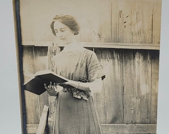 Woman Reading Book~RPPC~Standing Outdoors~Amusing Note~Photo Postcard