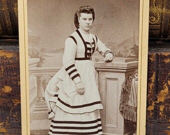 CDV Photo Striking Young Woman Fashionable Dress~Posed by Pedestal Prop~SF