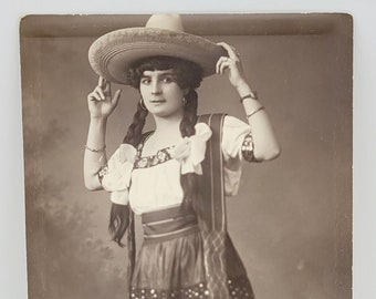 Señorita Long Braids & Sombrero~RPPC~Striking Image~Wearing Bracelets~Photo Postcard