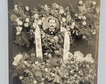 RPPC Memorial for Father/Brother~Funeral Flowers & Man's Photo~Mourning Photo Postcard