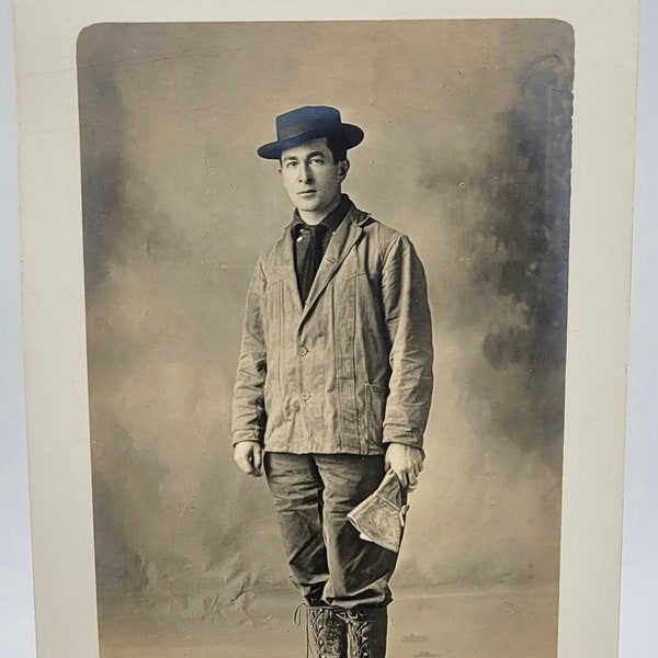 Man Holding Work Gloves~RPPC~Man Pork Pie Hat~Lace Up Boots~Most Likely Occupational~Photo Postcard