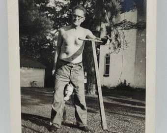 Man Mowing~Child Peeking Through Legs~Vintage Photo~Shirtless Man Push Mower