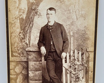 Man Posed by "Gate"~Cabinet Card Photo~Younger Man Checked Suit~Photo Props Tree Backdrop