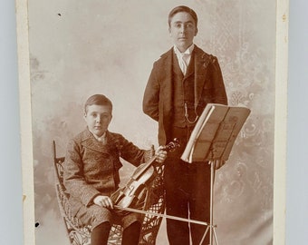 Cabinet Card Photo Two Boys~Younger Holding Violin & Bow~Stand with Music