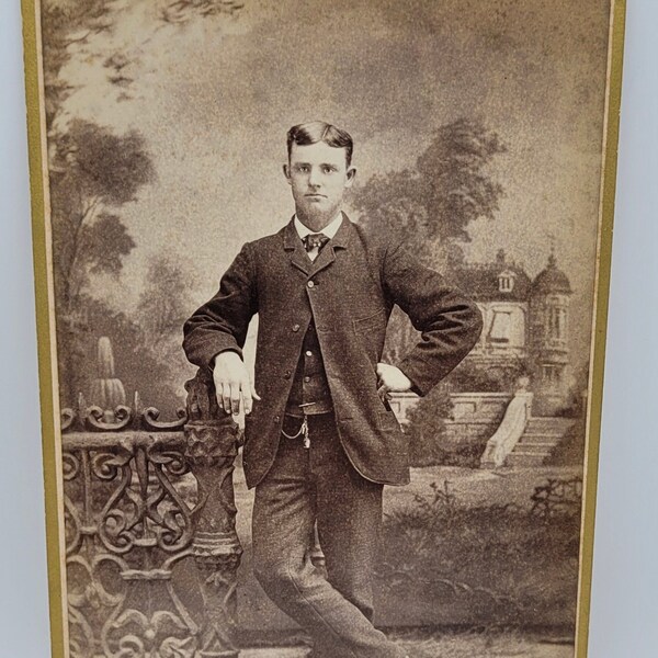 Cabinet Card Photo~Young Man Posing by Gate Prop~"Mansion" in Backdrop