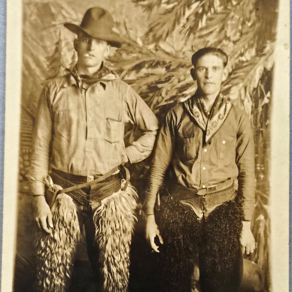 Two Cowboys Wooly Chaps Cigarettes RPPC Holsters, Hat, Western Photo