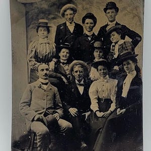Edwardian Era Women & Men~Tintype Photo~Group of 11~Wearing Hats a/s