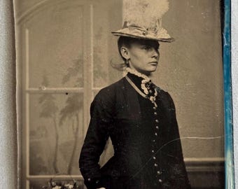 Wonderful Female Portrait Tintype Photo Hat with Plumes Side View, Paned Window Backdrop
