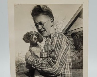 Vintage Photo~Cavalier King Charles Spaniel Puppy~Being Held by Person in Flannel Shirt~Shadow