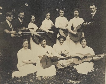 Women with Guitars~Men with Violins~RPPC~Posed Outdoors~Photo Postcard ca 1910