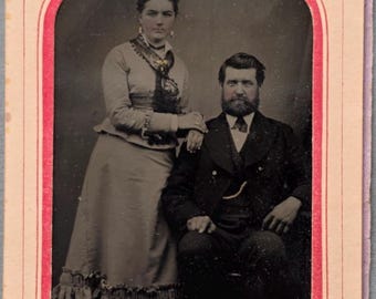 Tintype Photo Man Woman Couple, Hand Tinted Jewelry Blushed Cheeks, Paper Sleeve