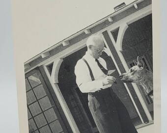 At an Angle~Vintage Photo~Dog Getting a Treat~Dobermann & Older Man