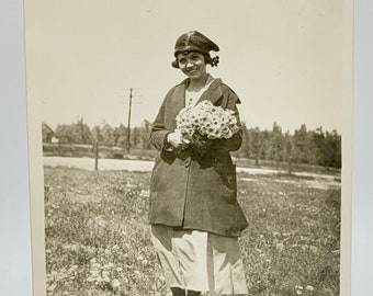 Standing in a Field of Daisies~Vintage Photo~Young Woman Holding Daisy Bouquet