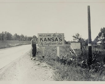 Welcome to Kansas~Vintage Photo~Woman Standing by Sign for Kansas The Sunflower State