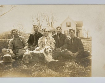 Sweet Dog & Five Young Men~RPPC~All Posed in Yard~House Background~Man in Overalls