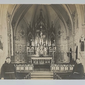 Two Friars Priests Inside Church~RPPC~Interior of Beautiful Church~Statues~Altar