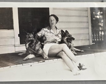 Two German Shepherd Dogs Vintage Photo Woman Sitting in the Middle, Porch Pic