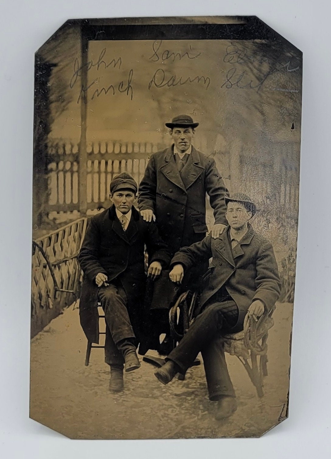 Three Men Cigars & Hats~Tintype Photo~Men Posed Outdoors~Identified Names Written Above