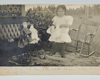 Cat in the Hat~Two Dolls and Little Girl~RPPC~Mabel & Her Playmates~Photo Postcard