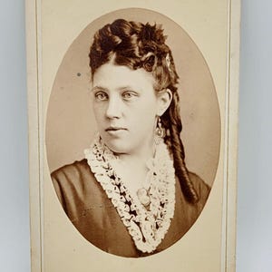 Woman Long Twist Curls~CDV Photo~Wearing Cameo Brooch & Victorian Earrings