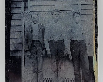 Three Young Guys~Outdoor Tintype Photo~Makeshift Backdrop~Silvery & Worn a/s