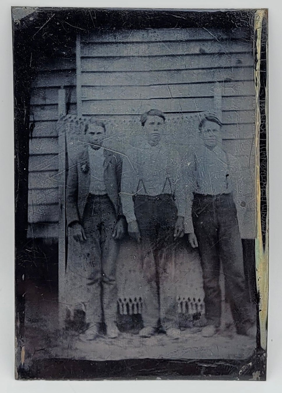 Three Young Guys~Outdoor Tintype Photo~Makeshift Backdrop~Silvery & Worn a/s