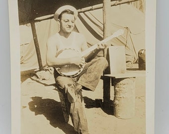 Man Playing Banjo~Vintage Photo~Strumming in His Undershirt & Sailor Hat~1942