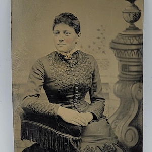 Victorian Woman~Tintype Photo~Seated Pose~Rosy Cheeks~Studio Backdrop