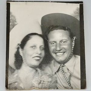 Western Couple~Enlarged Photo Booth Photo~Woman & Man Wearing Cowboy Hats~Smiling