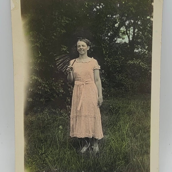 Woman with Parasol~Hand Tinted Photo~Peach Colored Dress~Small Photo