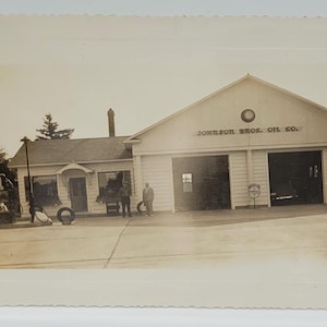 Gas Station & Garage~1938 Vintage Photo~Two Men~Gas Pumps~Coca Cola~Johnson and Bros Oil Co