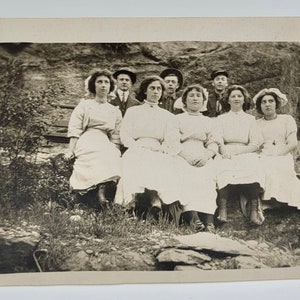 RPPC Young Men and Women Posed Outdoors Large Rock Background~Edwardian Era