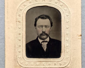 Tax Stamp Tintype Photo Civil War Era, Man with Mustache, Allegheny City PA