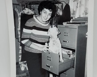 Dog in the Filing Cabinet~Vintage Photo~Young Woman Fun Pose with Dog