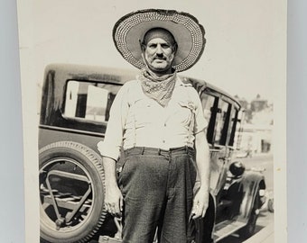 Man Wearing Wide Brim Hat & Neck Bandana~Vintage Photo~Posed by Old Auto~Great Image