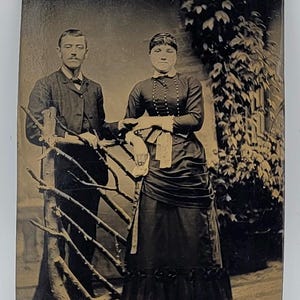 Holding Her Hand~Tintype Photo~Couple Posed in Studio with Props & Foliage