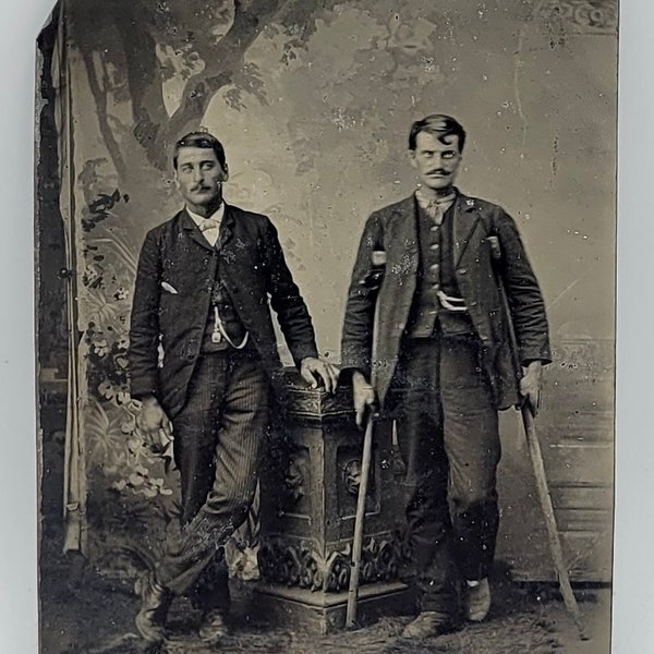 Man with Crutches~Tintype Photo~Two Men Posed in Studio~One Using Crutches