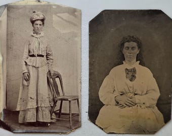 Two Tintype Photos of Women, Hand Tinted Cheeks, Wearing Great Hat