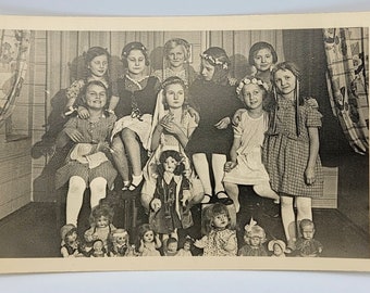 Girls & Dolls~RPPC~Celebration of 8th Birthday~Girls Wearing Flower Garlands~1934~Photo Postcard