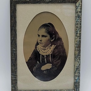 Rectangular Metal Frame~Quarter Plate Tintype Photo~Girl with Long Hair